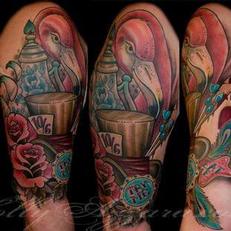 Tattoos - Alice in Wonderland flamingo and roses spread - 115558